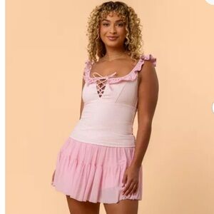 Blogilates Women’s Pink Gingham Ruffle Lace Up Tank Top Plus Size 1X